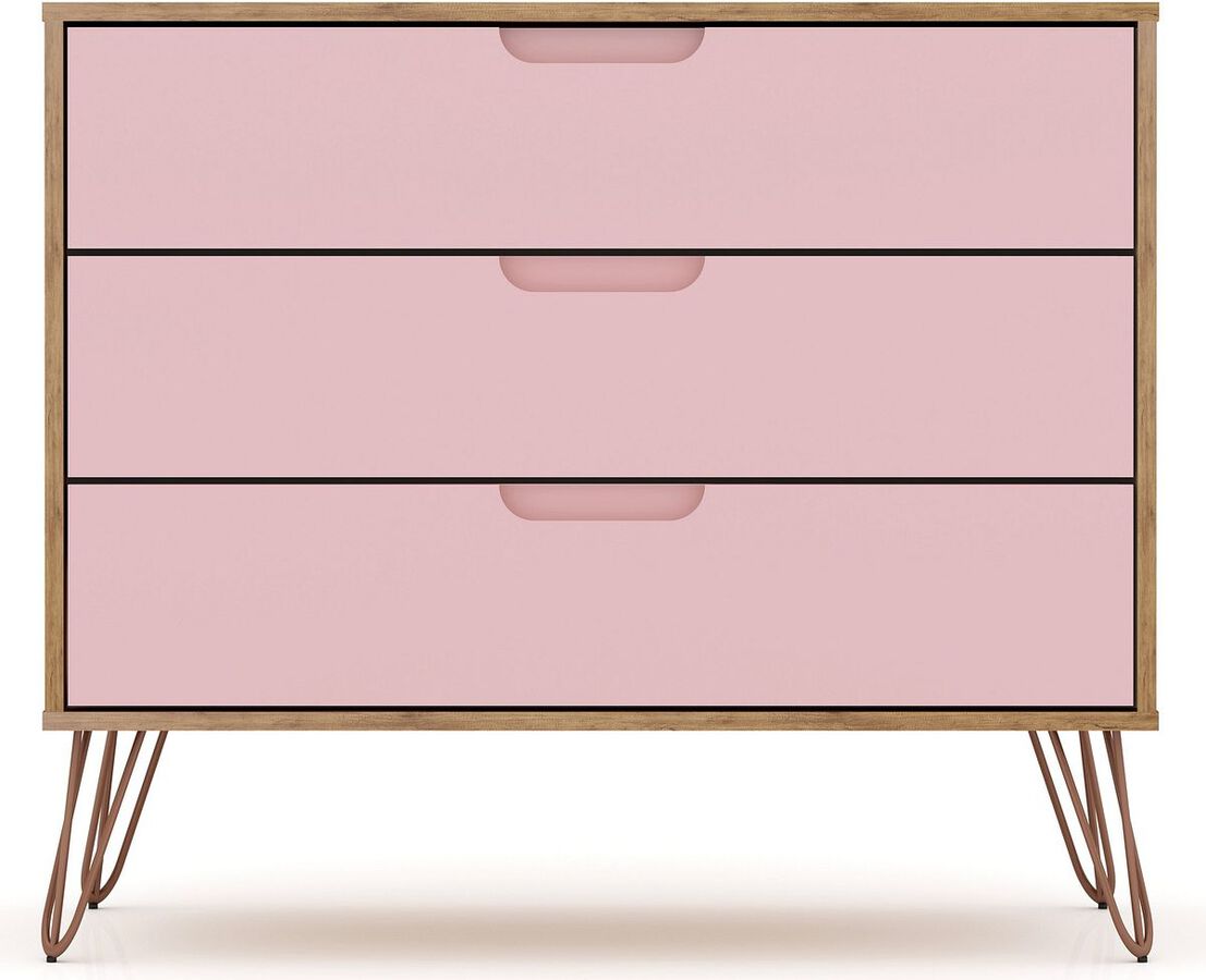 Manhattan Comfort Bedroom Sets - Rockefeller 3 Piece Bedroom Set Dressers Nature & Rose Pink