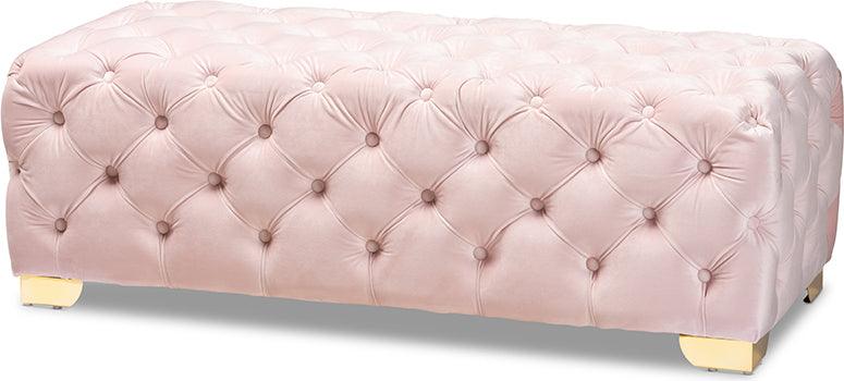 Wholesale Interiors Ottomans & Stools - Avara Light Pink Velvet Gold Finished Button Tufted Bench Ottoman