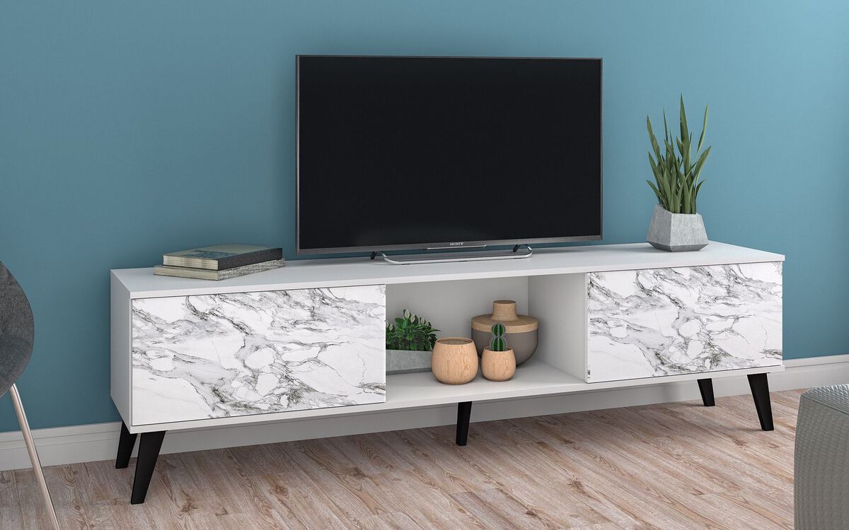 Manhattan Comfort TV & Media Units - Doyers 70.87 Mid-Century Modern TV Stand in White & Marble Stamp