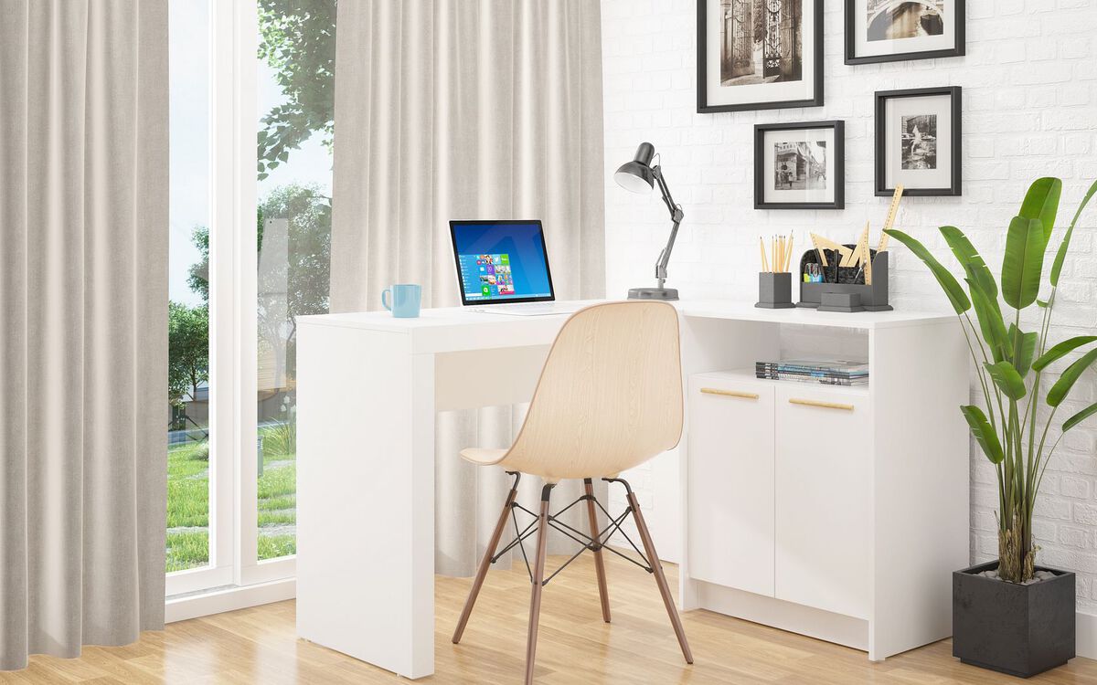 Manhattan Comfort Desks - Kalmar L -Shaped Office Desk with Inclusive Cabinet in White