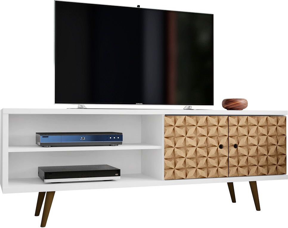 Manhattan Comfort TV & Media Units - Liberty 62.99 Mid-Century Modern TV Stand & Panel with Solid Wood Legs in White & 3D Brown Prints