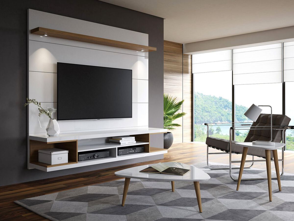 Manhattan Comfort TV & Media Units - Utopia 70" Floating Theater Entertainment Center with Led Lights in White & Maple Cream