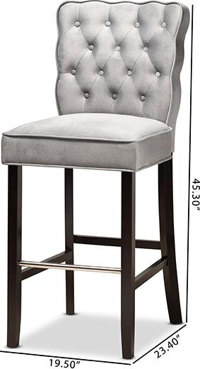 Wholesale Interiors Barstools - Daphne Dark Grey Velvet Fabric Upholstered and Dark Brown Finished Wood 2-Piece Bar Stool Set