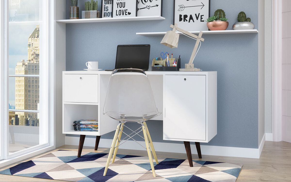 Manhattan Comfort Desks - Edgar 1-Drawer Mid-Century Office Desk in White