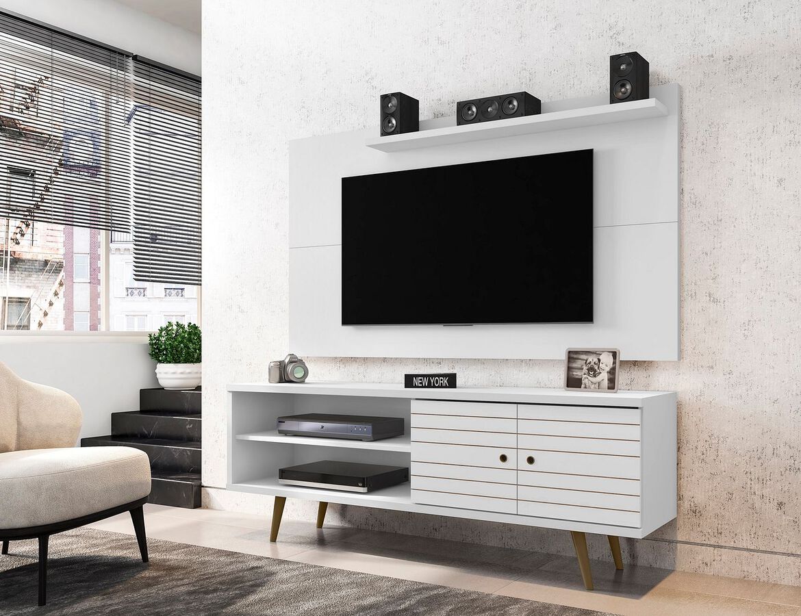 Manhattan Comfort TV & Media Units - Liberty 62.99 Mid-Century Modern TV Stand & Panel with Solid Wood Legs in White