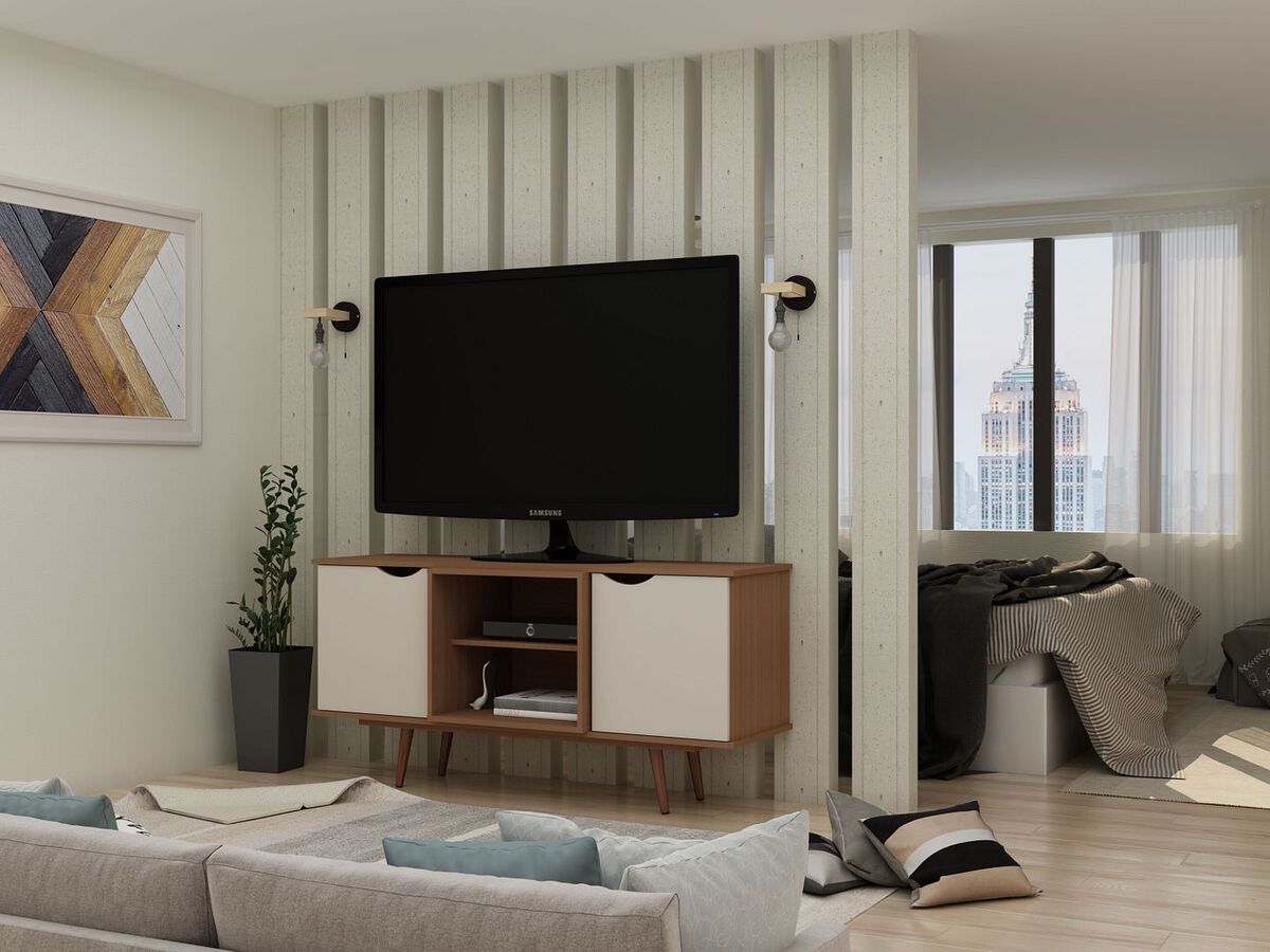 Manhattan Comfort TV & Media Units - Hampton 53.54 TV Stand with 4 Shelves & Solid Wood Legs in Off White & Maple Cream