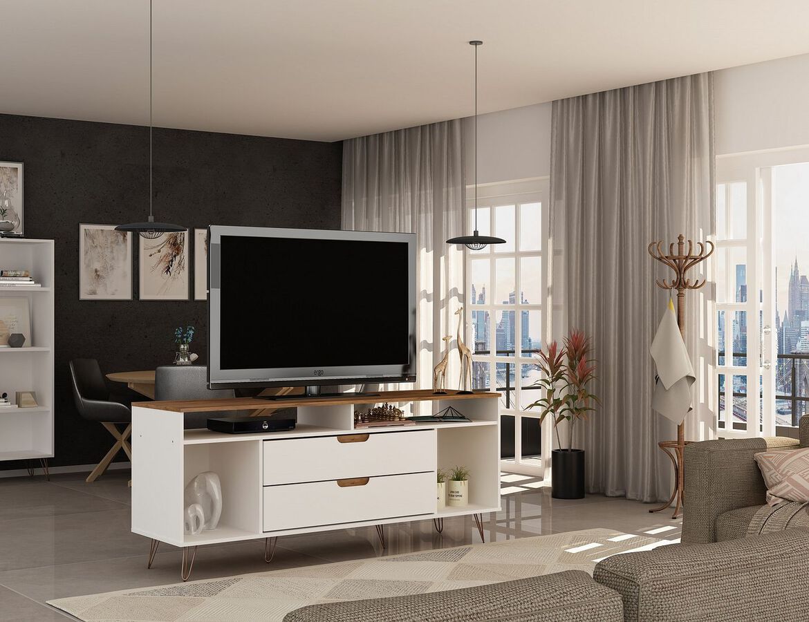 Manhattan Comfort TV & Media Units - Rockefeller 62.99 TV Stand with Metal Legs & 2 Drawers in Off White & Nature