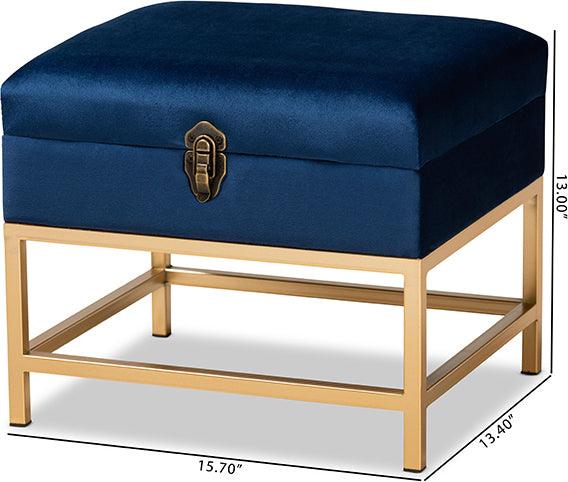 Wholesale Interiors Ottomans & Stools - Aliana Navy Blue Velvet Fabric Upholstered and Gold Finished Metal Small Storage Ottoman