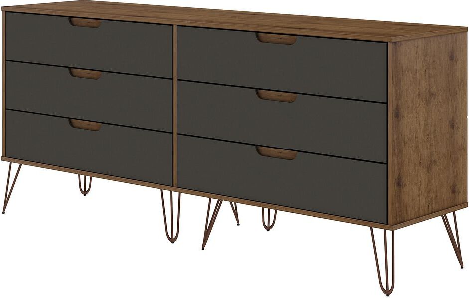 Manhattan Comfort Dressers - Rockefeller 6-Drawer Double Low Dresser with Metal Legs in Nature & Textured Gray