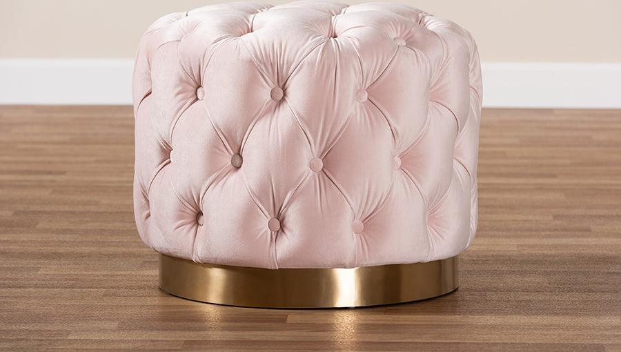 Wholesale Interiors Ottomans & Stools - Valeria Glam Light Pink Velvet Fabric Upholstered Gold-Finished Button Tufted Ottoman