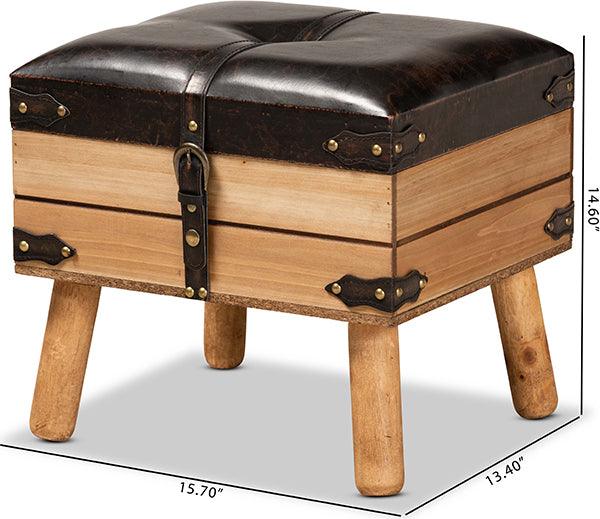 Wholesale Interiors Ottomans & Stools - Amena Rustic Dark Brown PU Leather Upholstered and Oak Finished Wood Small Storage Ottoman