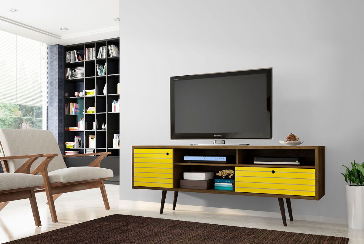 Manhattan Comfort TV & Media Units - Liberty 70.86" Mid-Century - Modern TV St& Rustic Brown & Yellow