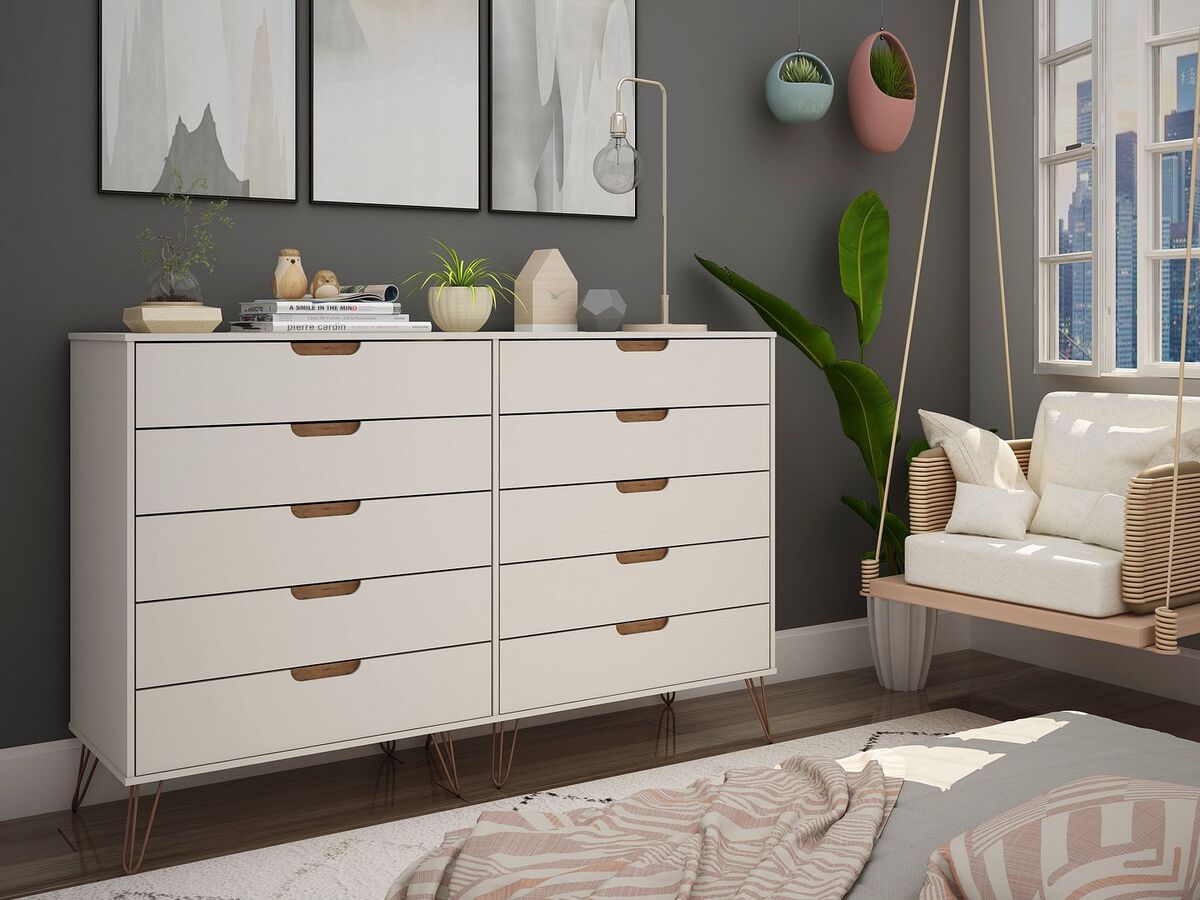 Manhattan Comfort Dressers - Rockefeller 10-Drawer Double Tall Dresser with Metal Legs in Off White & Nature