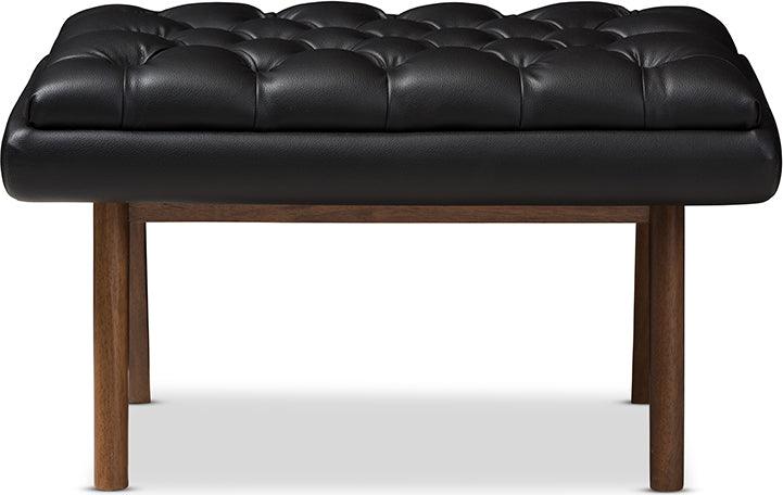 Wholesale Interiors Ottomans & Stools - Annetha Mid-Century Modern Black Faux Leather Walnut Wood Ottoman