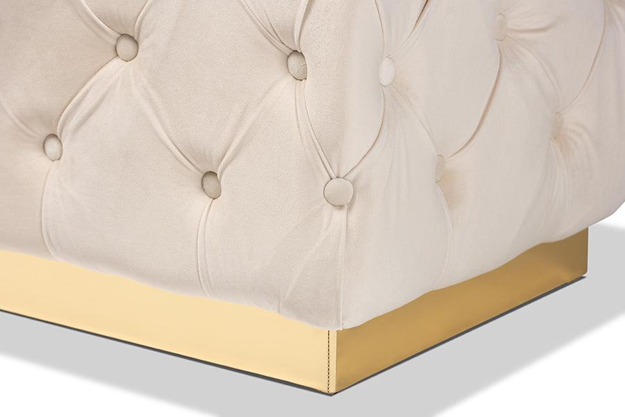 Wholesale Interiors Ottomans & Stools - Corrine Glam and Luxe Beige Velvet Fabric Upholstered and Gold PU Leather Ottoman