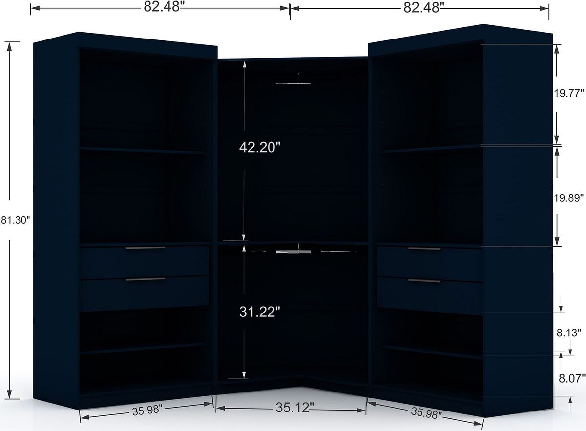 Manhattan Comfort Cabinets & Wardrobes - Mulberry Open 3 Sectional Corner Closet - Set of 3 in Tatiana Midnight Blue