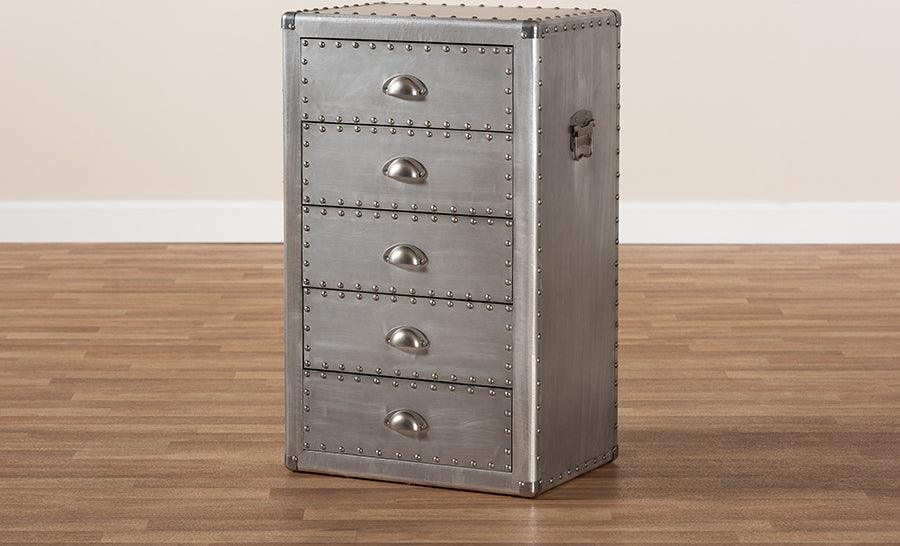 Wholesale Interiors Buffets & Cabinets - Davet French Industrial Silver Metal 5-Drawer Accent Storage Cabinet