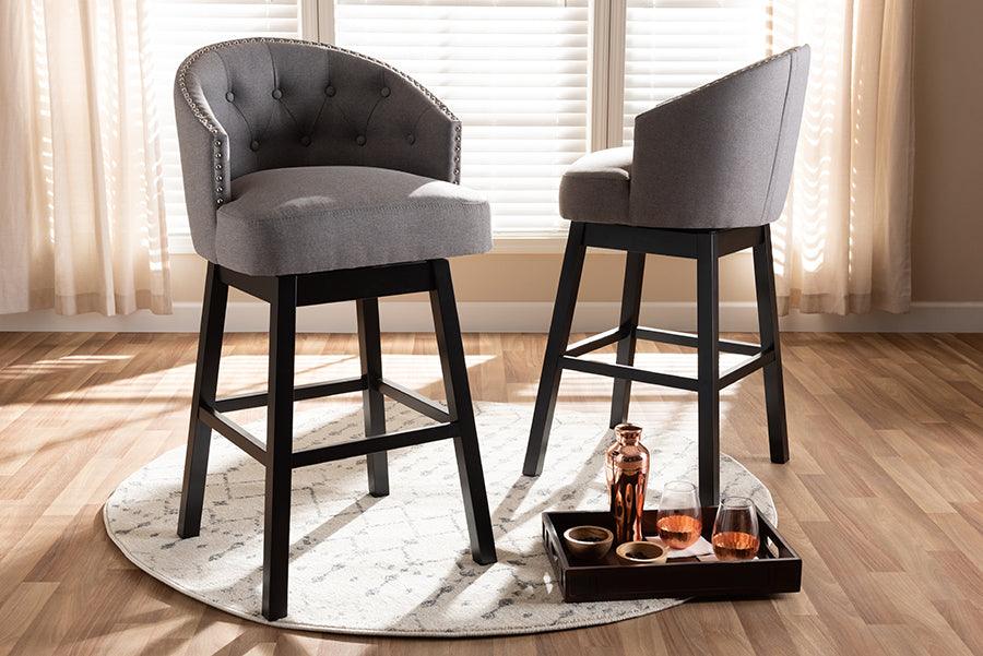 Wholesale Interiors Barstools - Theron Transitional Gray Fabric Upholstered Wood Swivel Bar Stool Set of 2