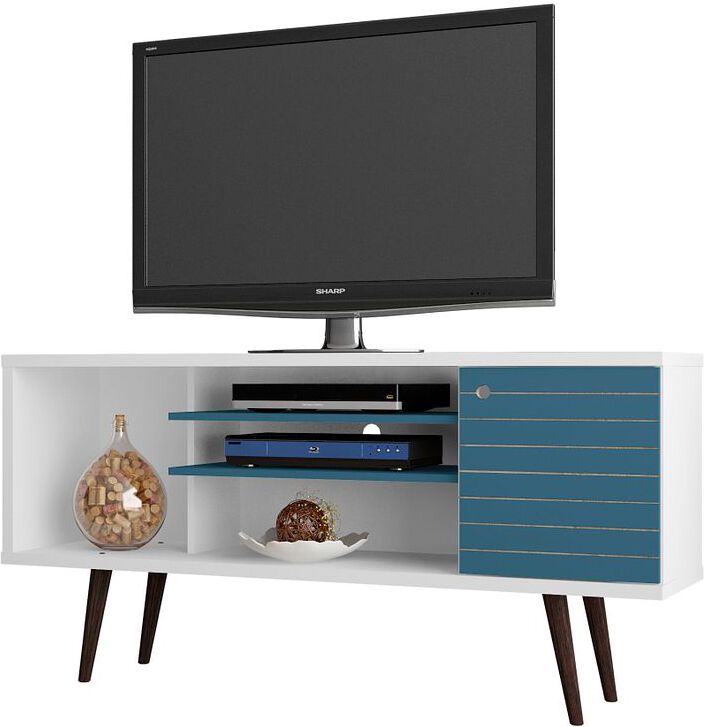 Manhattan Comfort TV & Media Units - Liberty 53.14" Mid-Century - Modern TV St& White & Aqua Blue