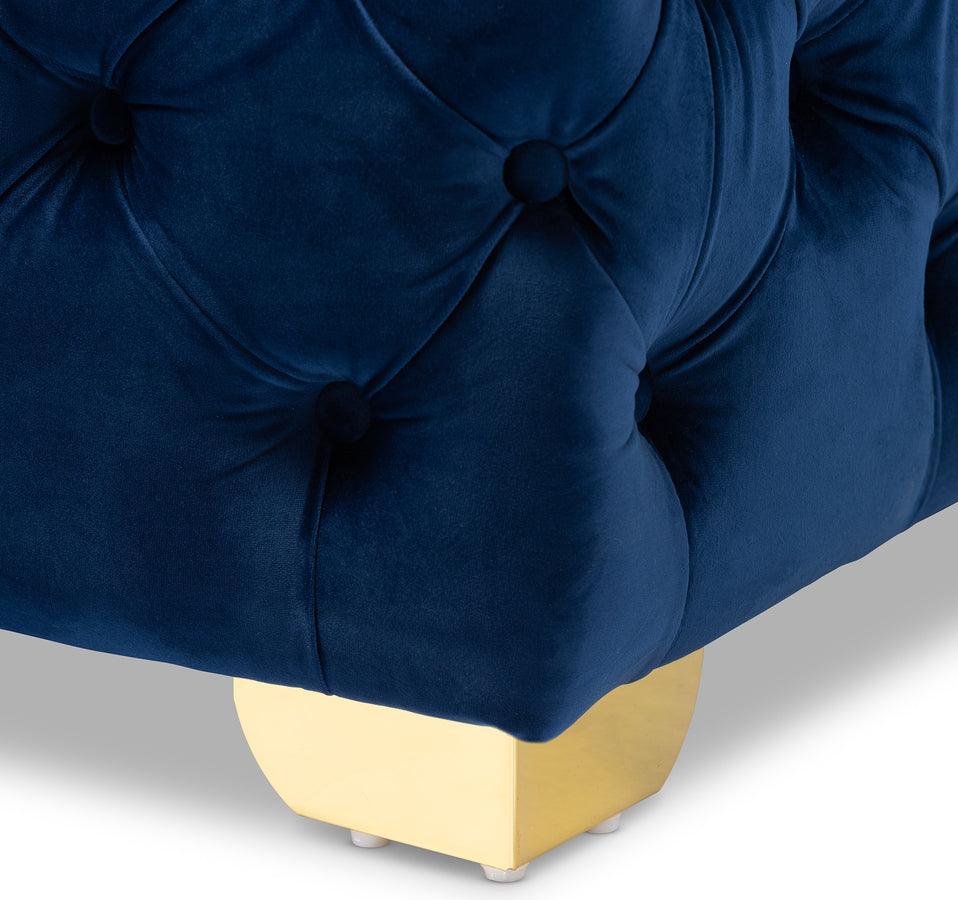 Wholesale Interiors Ottomans & Stools - Avara Royal Blue Velvet Fabric Upholstered Gold Finished Button Tufted Ottoman