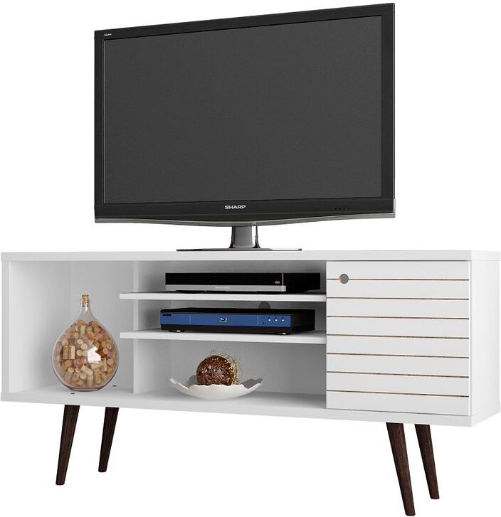 Manhattan Comfort TV & Media Units - Liberty 53.14" Mid-Century - Modern TV Stand with 5 Shelves & 1 Door in White with Solid Wood Legs