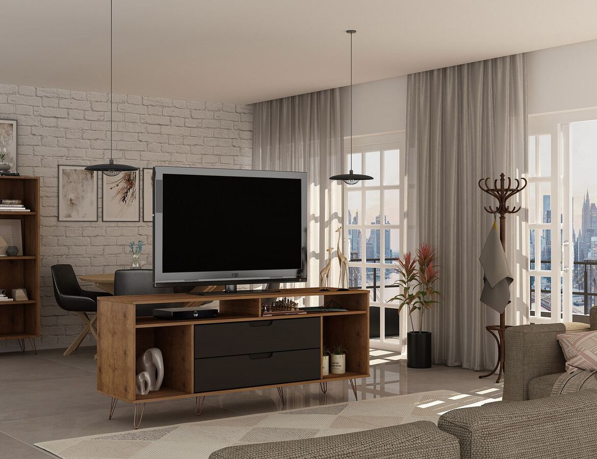 Manhattan Comfort TV & Media Units - Rockefeller 62.99 TV Stand with Metal Legs & 2 Drawers in Nature & Textured Gray