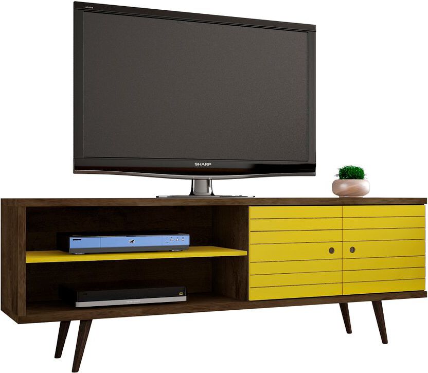 Manhattan Comfort TV & Media Units - Liberty 62.99" Mid-Century - Modern TV Stand with 3 Shelves & 2 Doors in Rustic Brown & Yellow with