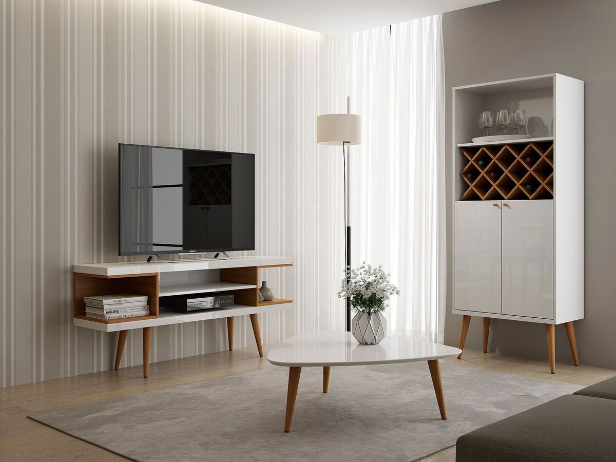 Manhattan Comfort TV & Media Units - Utopia 53.14" TV Stand with Splayed Wooden Legs & 4 Shelves in White Gloss & Maple Cream