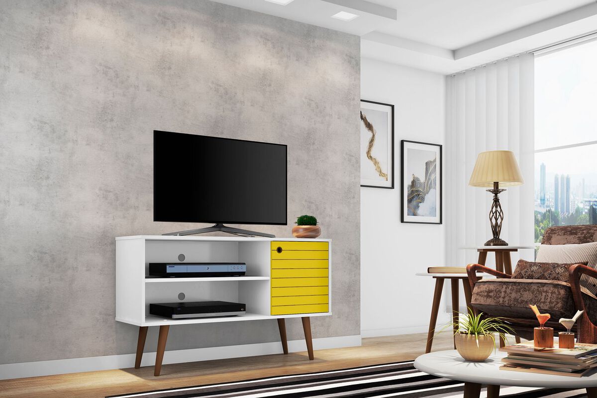 Manhattan Comfort TV & Media Units - Liberty 42.52" Mid-Century - Modern TV Stand with 2 Shelves & 1 Door in White & Yellow