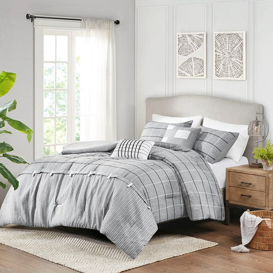 Olliix.com Comforters & Blankets - 5 Piece Faux Linen Jacquard Comforter Set Gray Full/Queen