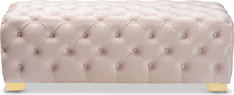 Wholesale Interiors Ottomans & Stools - Avara Light Beige Velvet Gold Finished Button Tufted Bench Ottoman