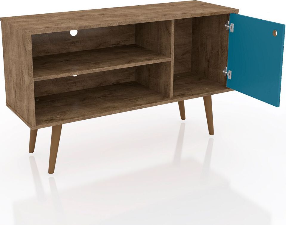 Manhattan Comfort TV & Media Units - Liberty 42.52" Mid-Century - Modern TV Stand with 2 Shelves & 1 Door in Rustic Brown & Aqua Blue