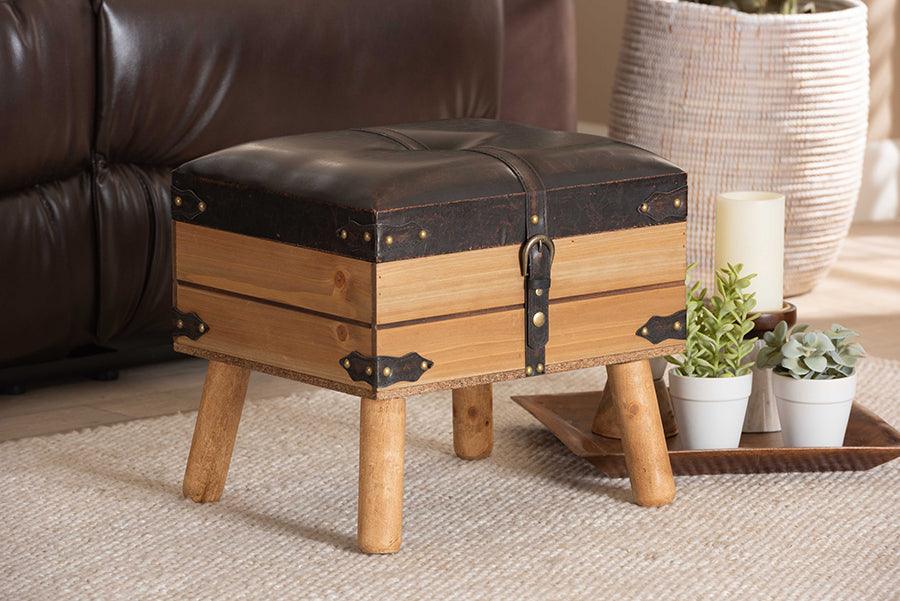 Wholesale Interiors Ottomans & Stools - Amena Rustic Dark Brown PU Leather Upholstered and Oak Finished Wood Small Storage Ottoman