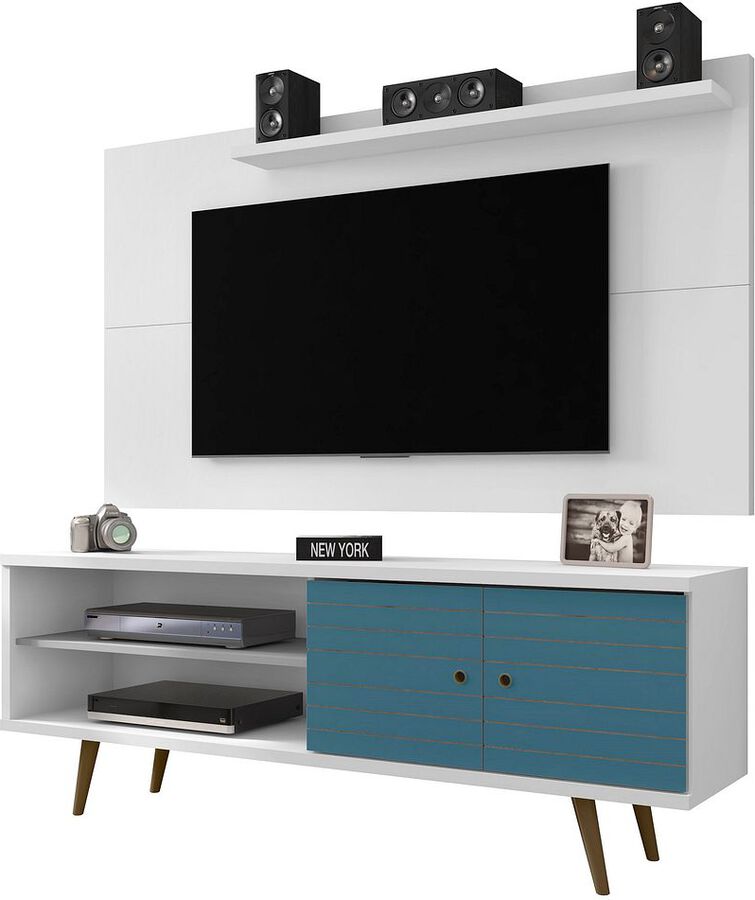 Manhattan Comfort TV & Media Units - Liberty 62.99 Mid-Century Modern TV Stand & Panel with Solid Wood Legs in White & Aqua Blue