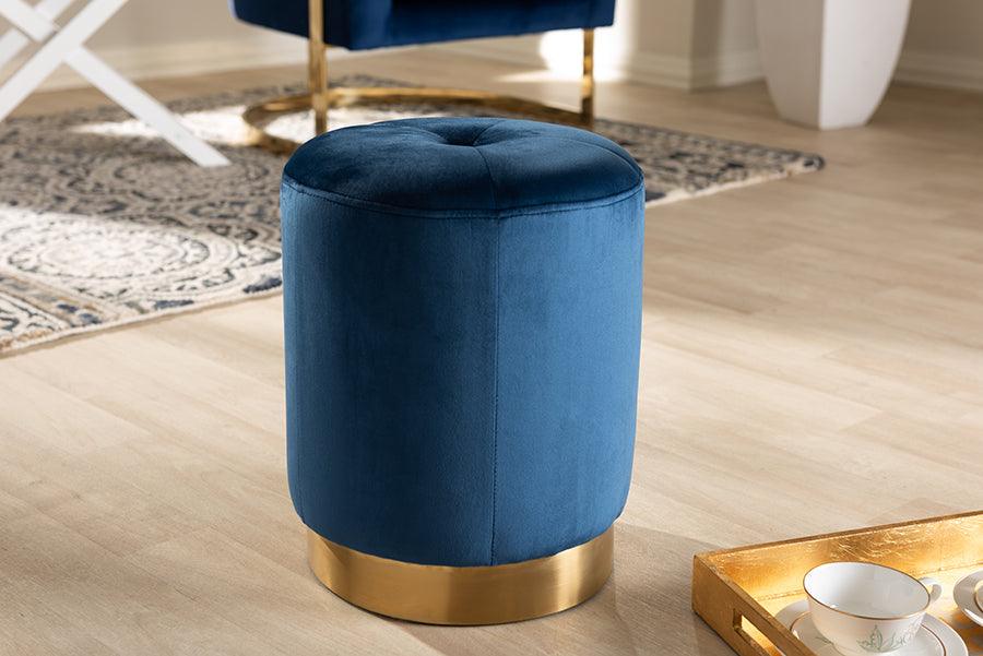 Wholesale Interiors Ottomans & Stools - Alonza Glam Navy Blue Velvet Fabric Upholstered Gold-Finished Ottoman