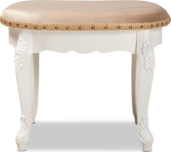 Wholesale Interiors Ottomans & Stools - Gabrielle French Provincial Sand Velvet Fabric Upholstered White-Finished Wood Vanity Ottoman