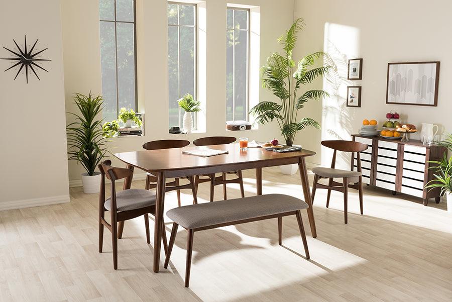 Wholesale Interiors Dining Sets - Flora Mid-Century Modern Grey Fabric and Brown Finishing Wood 6-Piece Dining Set