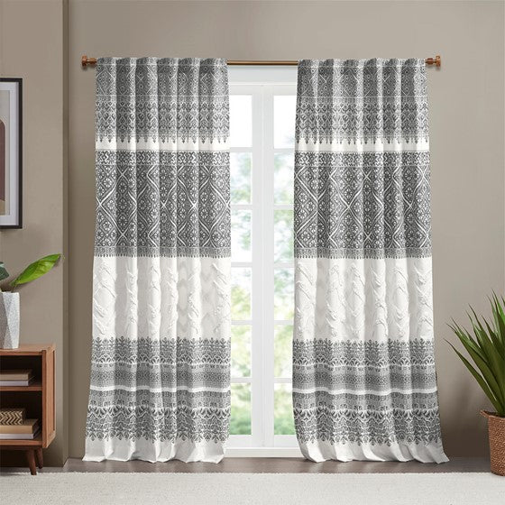 Olliix.com Curtains - Cotton Printed Curtain Panel with Chenille detail and Lining Gray