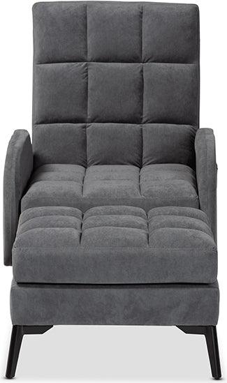 Wholesale Interiors Living Room Sets - Belden Grey Velvet Fabric Upholstered and Black Metal 2-Piece Recliner Chair and Ottoman Set