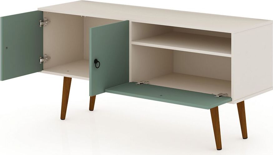 Manhattan Comfort TV & Media Units - Tribeca 53.94 Mid-Century Modern TV Stand with Solid Wood Legs in Off White & Green Mint