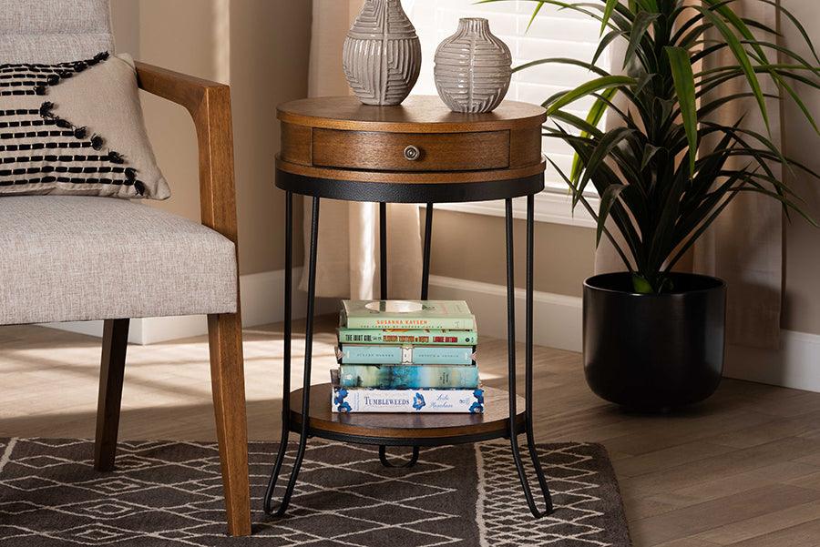 Wholesale Interiors Side & End Tables - Roald Vintage Rustic Walnut Brown Finished Wood and Black Finished 1-Drawer Metal End Table