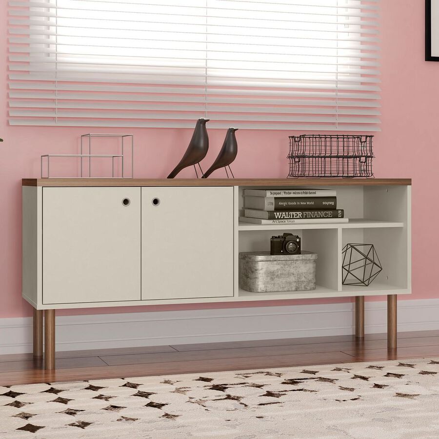 Manhattan Comfort TV & Media Units - Windsor 53.54 Modern TV Stand with Media Shelves & Solid Wood Legs in Off White & Nature