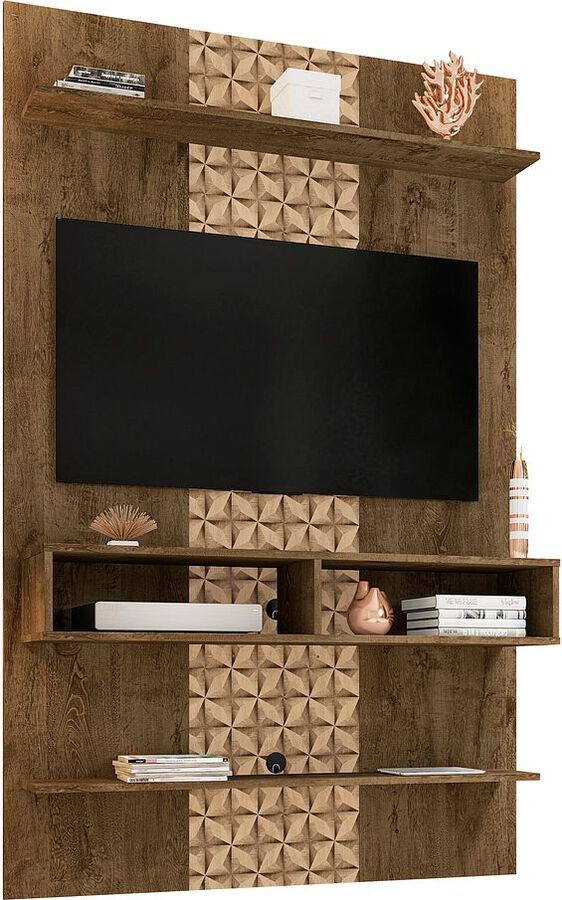 Manhattan Comfort TV & Media Units - Libra Long Floating 45.35 Wall Entertainment Center with Overhead Shelf in Rustic Brown & 3D