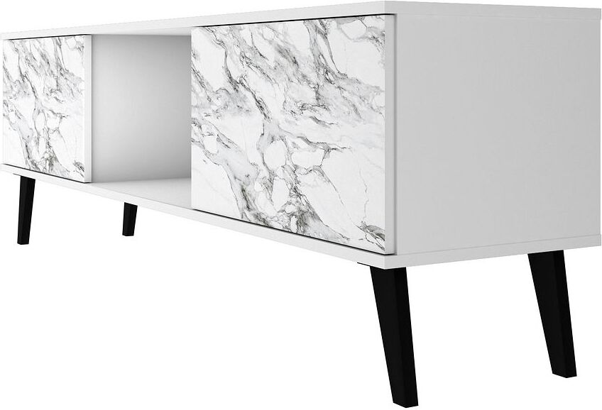 Manhattan Comfort TV & Media Units - Doyers 62.20 Mid-Century Modern TV Stand in White & Marble Stamp