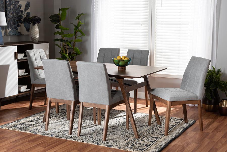 Wholesale Interiors Dining Sets - Tara Mid-Century Modern Light Grey Fabric and Walnut Brown Wood 7-Piece Dining Set