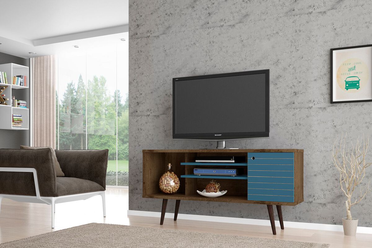 Manhattan Comfort TV & Media Units - Liberty 53.14" Mid-Century - Modern TV St& Rustic Brown & Aqua Blue