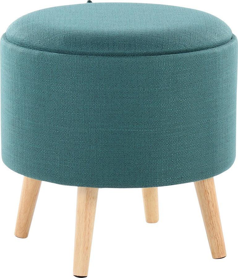 Lumisource Ottomans & Stools - Tray Contemporary Storage Ottoman With Matching Stool In Teal Fabric & Natural Wood Legs