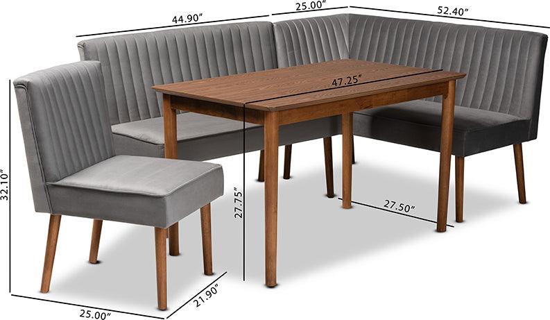 Wholesale Interiors Dining Sets - Alvis Modern Grey Velvet Upholstered and Walnut Brown Finished Wood 4-Piece Dining Nook Set