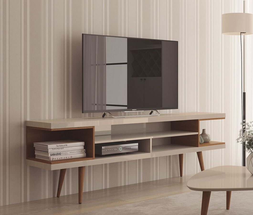 Manhattan Comfort TV & Media Units - Utopia 70.47" TV Stand with Splayed Wooden Legs and 4 Shelves in Off White and Maple Cream