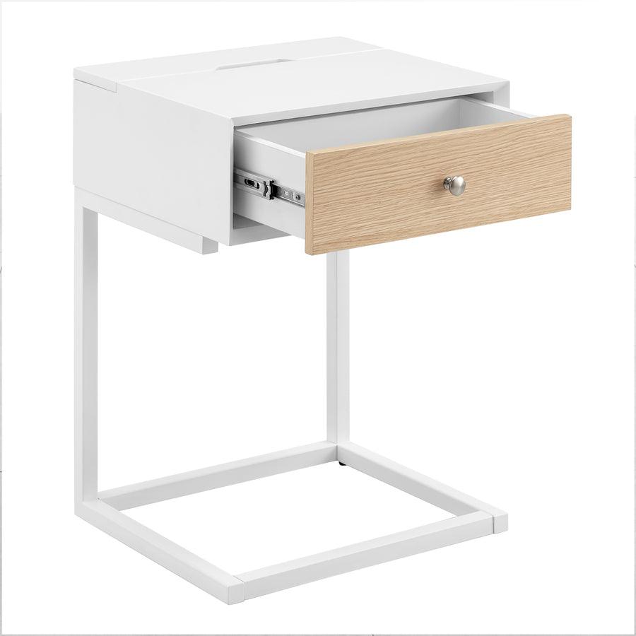 Euro Style Side & End Tables - Daeg Smart Side Table in Matte White with Natural Oak Veneer Drawer